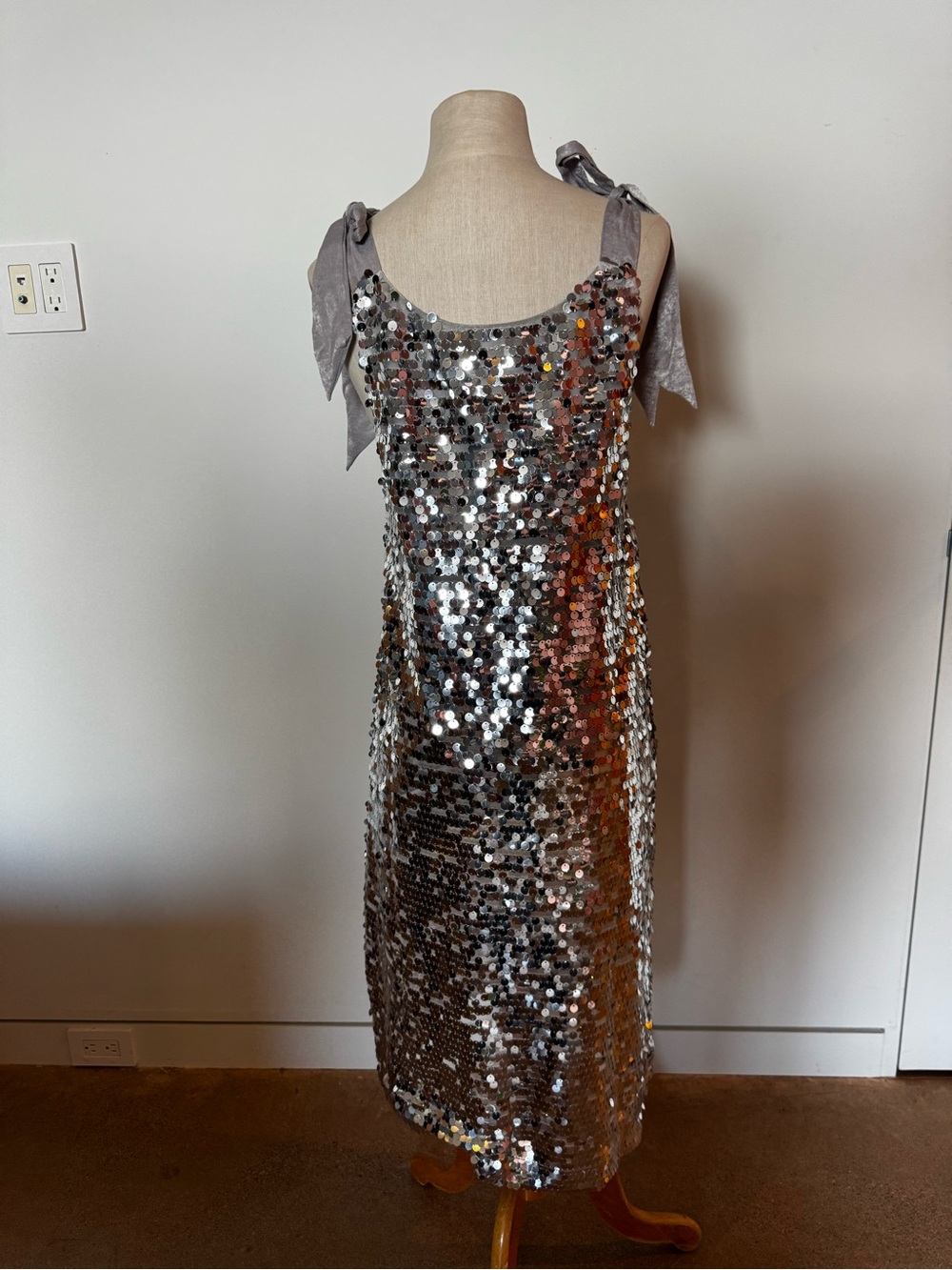 Aura Silver Sequin Tie-Shoulder Midi Dress